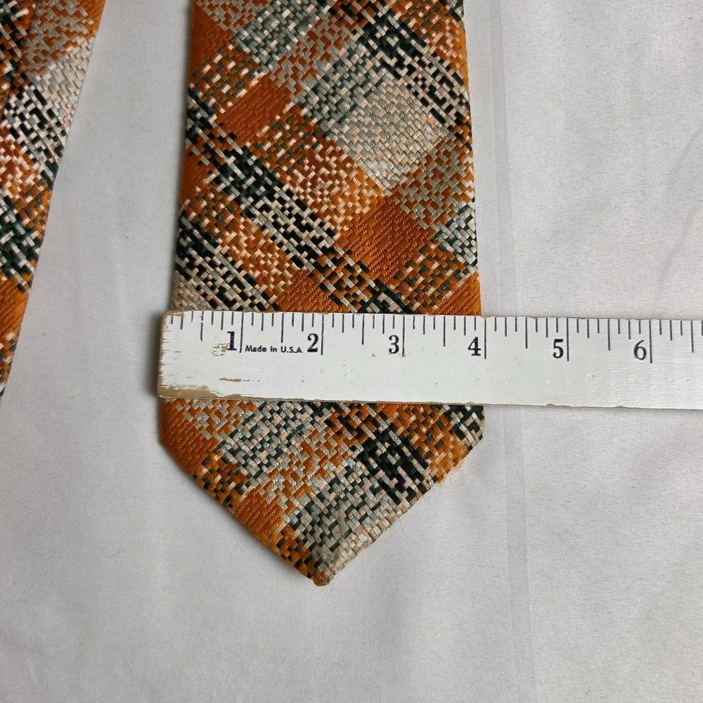 VTG 70s Wemlon By Wembley Tie Wide Orange & Black Plaid Necktie